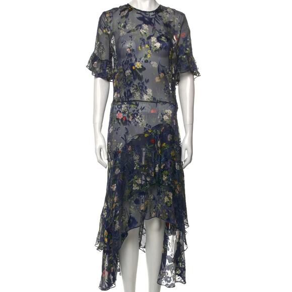 Preen By Thornton Bregazzi Silk Floral Sheer Midi Drop Waist Dress - S - Picture 1 of 11
